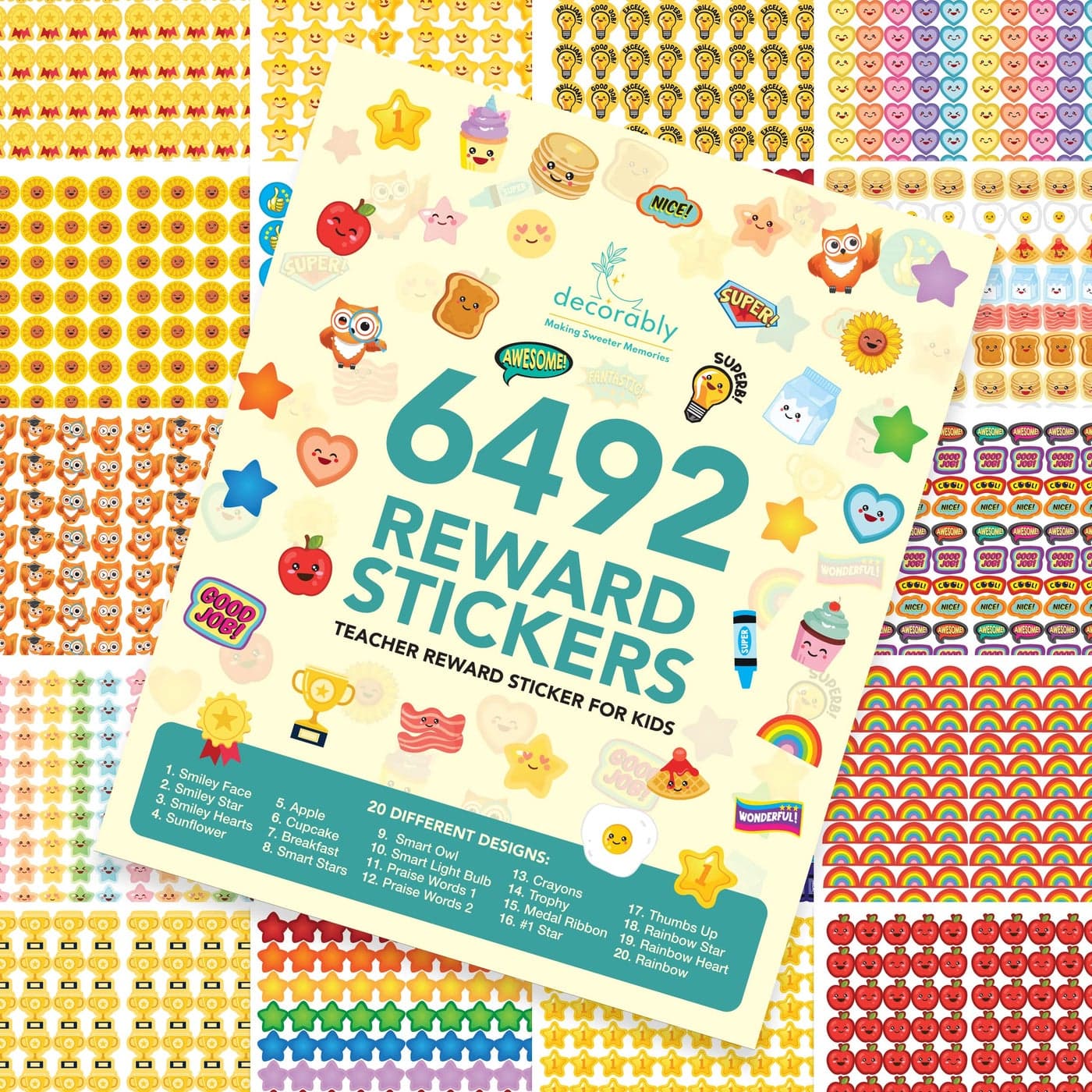 Decorably 6492 Assorted Small Reward Stickers for Kids 60 Sheets Small Stickers for Kids Reward Chart Classroom Activities Positive Reinforcement Arts Crafts Scrapbooking Gift