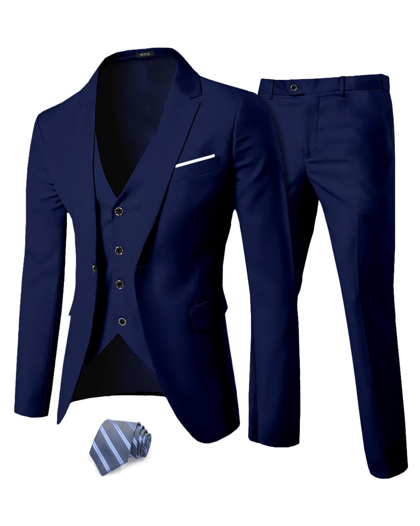 MYS Mens 3 Piece Slim Fit Suit Set One Button Solid Jacket Vest Pants with Tie Deep Blue