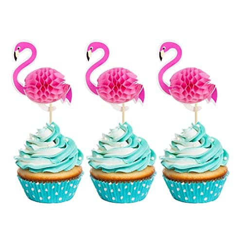 Ephlyn 24pcs 3D Flamingo Cupcake Toppers Tropical Aloha Luau Cupcake Picks for Baby Shower Summer Party Wedding Birthday Cake Decorations