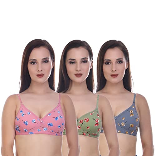 FUNAHME Lightly Padded Full Coverage Non Wired Cotton T-Shirt Bra for Women's Combo Pack of 3 Green