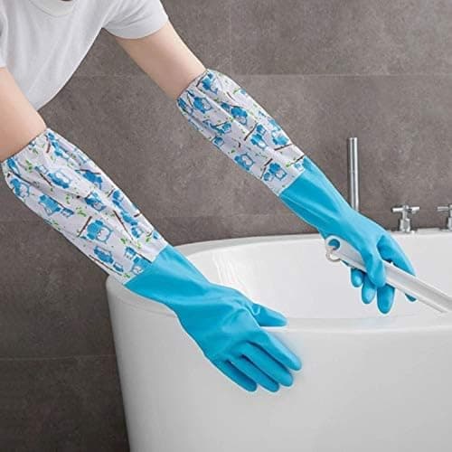 Giffy Pack of 1 Pair Elbow Length Reusable Waterproof Winter Inner Cotton Layer Warm Dishwashing Kitchen Cleaning Work Household Gloves, Random Colors
