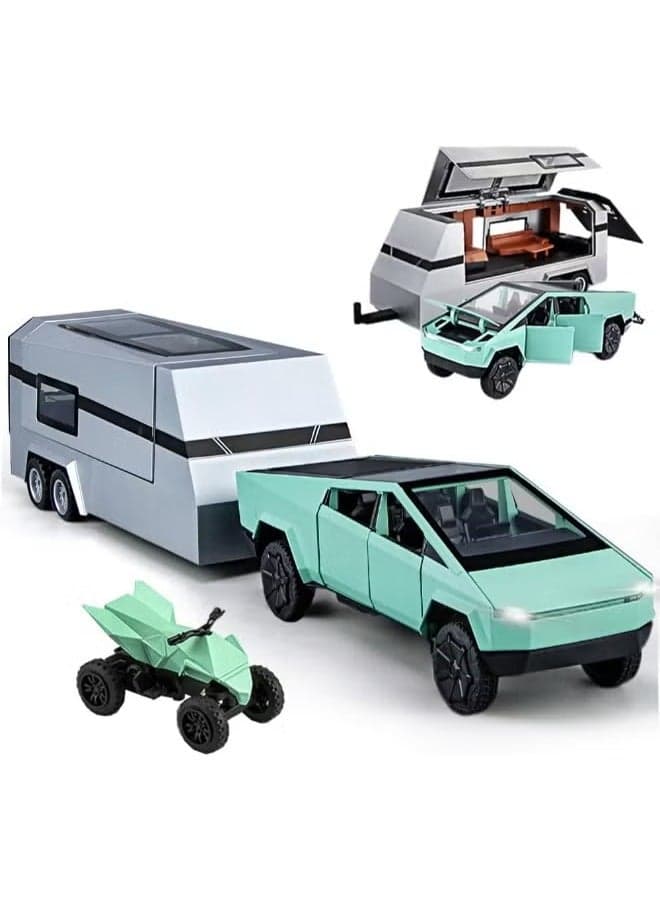 NEW REZZOSS 1/32 Pickup Truck and Trailer Toys with Light and Pull Back, Alloy Diecast Pickup Trailer RV Model Kit, Diecast Model Car Toy Truck and Trailer for Boys Adults as Birthday Gifts
