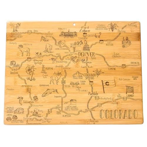 Totally Bamboo Destination Colorado Shaped Cutting Board – Bamboo Charcuterie and Serving Board with Hang Tie for Wall Display
