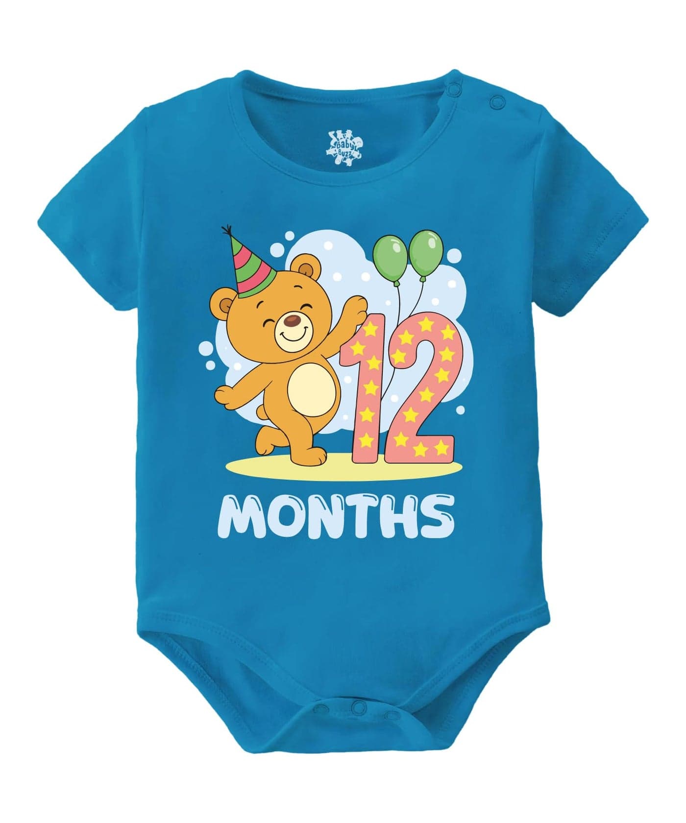 Baby Buzz 12 Months Teddy Bear Baby Milestone Dress– Cute Monthly Photoshoot Outfit | Baby Birthday Romper | 100% Cotton Bodysuit for Baby Boy & Girl (12 Months, Blue, 6-12 Months)