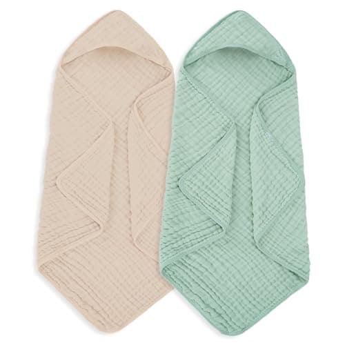 MIGIOL Muslin Hooded Baby Towels 100 Cotton Super Soft Muslin Baby Bath Towel 32 x 32 Inches Suitable for Newborn and Young Children up to 3 Years Old Beige Green