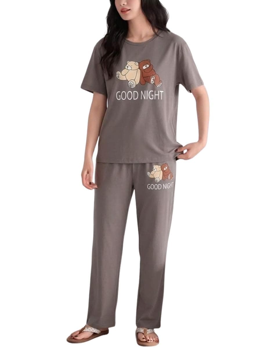 SMOWKLY Women's Premium Cotton Blend Cute Print Two Piece Pj Sleepwear Co-ord Set || Stylish Top with Pajama Pant Comfy Loungwear (1675_Gry_2XL) Grey
