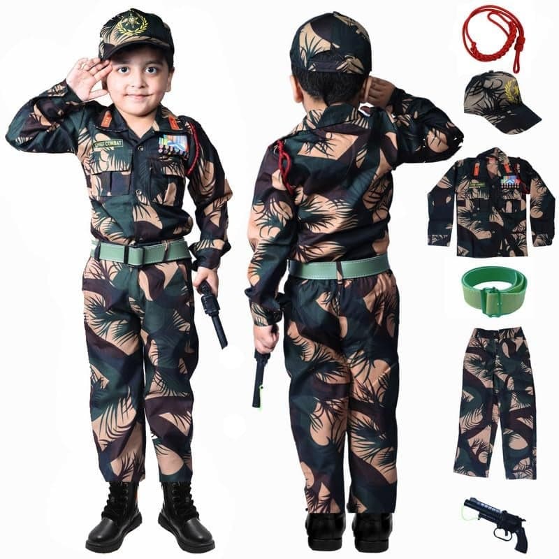 Sarvda Army Dress For Kids | Camouflage Soldier Costume Set For Boys & Girls | Army Style Fancy Dress Outfit With Shirt, Pants, Cap & Adjustable Utility Belt With Bettle Toy For School Competitions