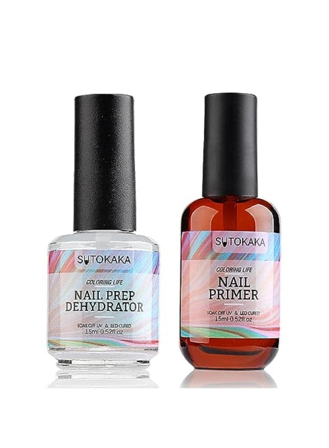 Sutokaka Nail Prep Dehydrator and Primer Set 2pcs 15ml Acid Free No Burn Fast Air Dry Natural Nail Dehydrator and Superior Bonding Primer for Acrylic Powder