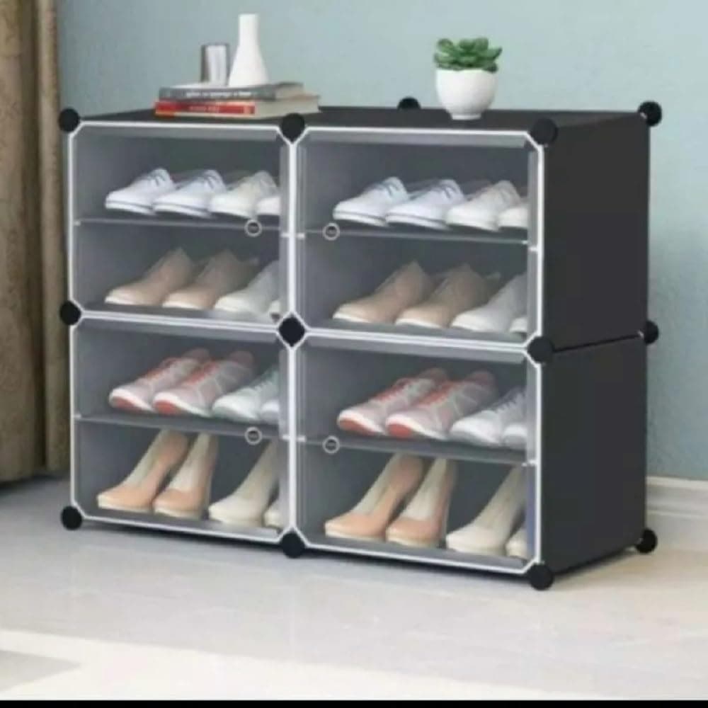 KEEKOS shoe rack plastic Portable Shoe Rack with Dustproof Door MultiPurpose Plastic Shoe Rack for Home Foldable Portable Shelves Chappal Slipper Heels BootsStand DIY BLACK 8SHELF4DOOR
