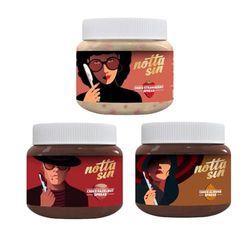 Notta Sin Trio: Choco Hazelnut, Choco Almond & Choco Strawberry Spreads | No Palm Oil | No Added Sugar - Contains Monk Fruit & Stevia | No Artificial Flavors/Preservatives | Nourishing Almonds | Turkish Hazelnuts | Crunchy Strawberry Bits| Rich in Fiber & Protein | Spread for Bread | (100G x3)