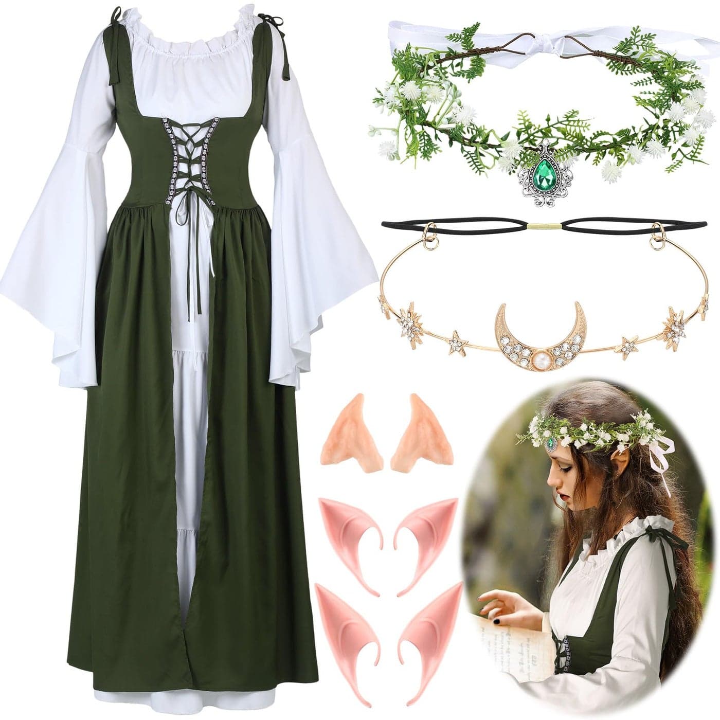 Bonuci 6 Pcs Women Medieval Renaissance Costume Fairy Victorian Dress Elf Ears Fairy Headpiece for Halloween Cosplay OutfitXSmallOlive Green