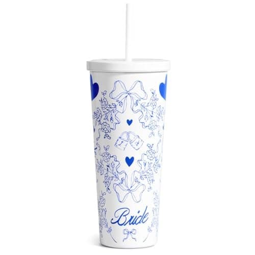 xo, Fetti White + Blue Bride Tumbler, 24 oz. | Bachelorette Supplies, Wedding Morning Drinkware, Bach Party Decorations, Bridesmaid Cup Gift
