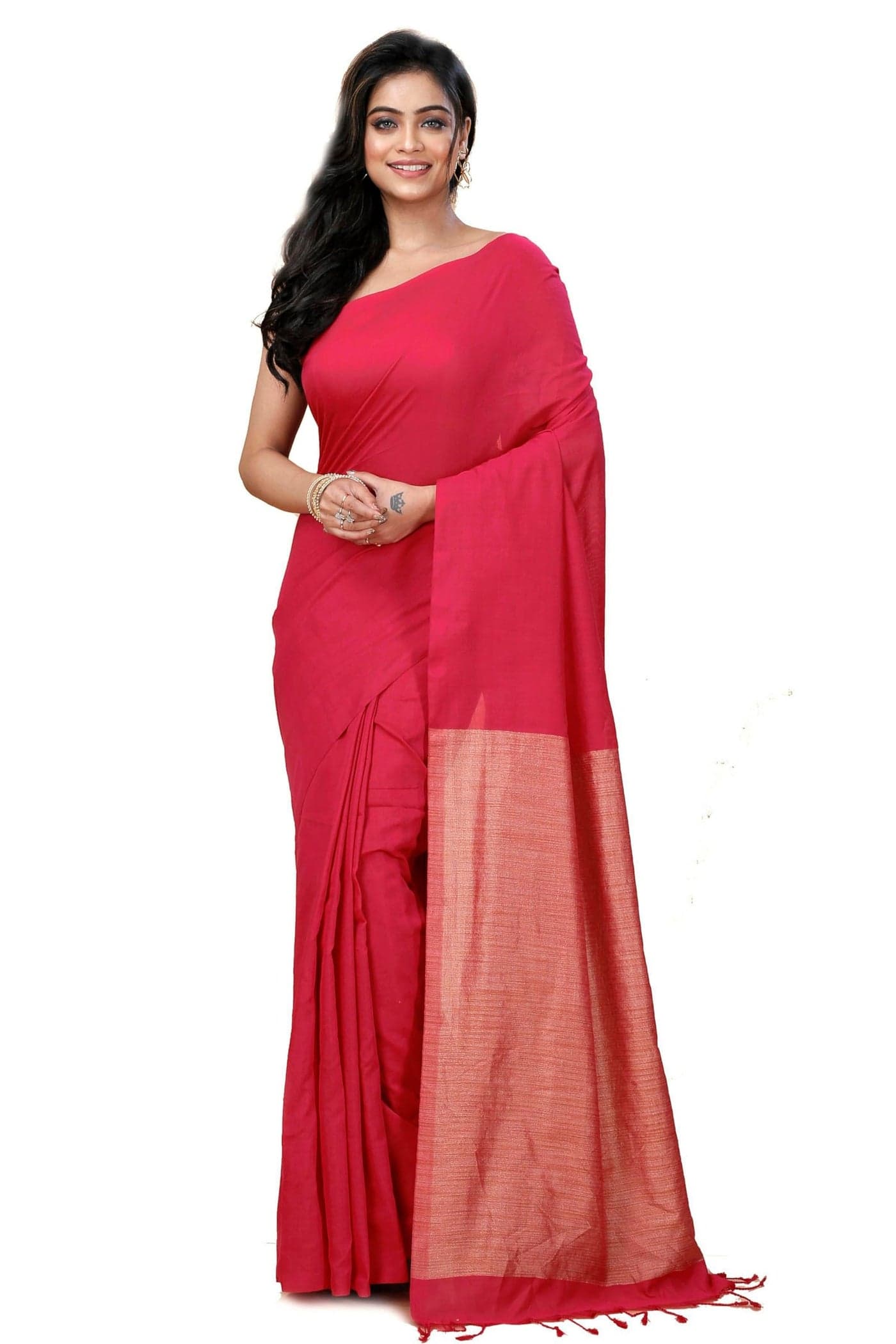 OISHANI SAREE GHOR Women's Traditional Bengal Soild Cotton Handloom Saree With Blouse Piece (Red)