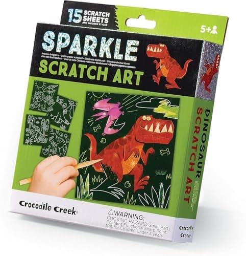 Crocodile Creek Dinosaurs Sparkle Scratch Art for Kids 16Sheet Scratch Art Set with 10 Themed Sheets 5 Blank Sheets Stencil and Stylus Thoughtful Stocking Stuffer Gifts Art Supplies for Kids