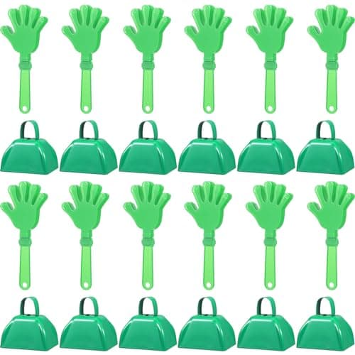 ZCYSRLQIN 24 Pcs Hand Clappers and Metal Cowbells Noise Makers Cheering Clappers Cow Bells Handle Cheers Dance Basketball Football Noise Makers Sporting Events Graduation School Sports Party Green