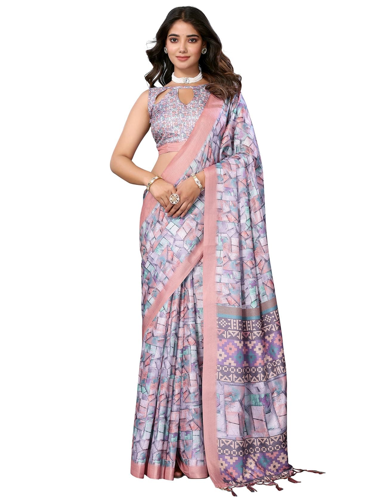 Yashika Women's Digital Print Art Silk Cotton Saree with Tassels and Golden Border - Lightweight and Elegant Ethnic Wear for Festive and Casual Occasions (AZ-YS-P1-PUSHPA 09)