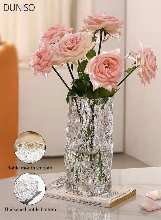 Clear Glacier Textured Glass Vase, Tall Square Flower Vase for Home Decor, Modern Transparent Vase for Living Room, Office, Wedding