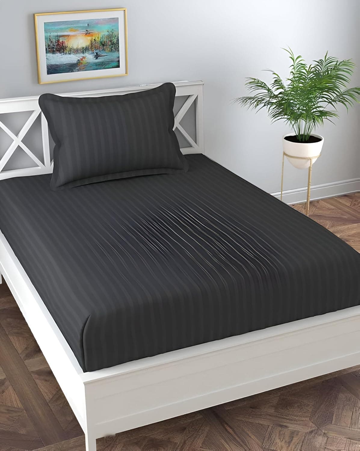 Home Stylish Wrinkle Resistant Soft Skin Safe Breathable Single Size Flat Bedsheets All Season Soft Fabric Striped Bedsheet Set with 1 Pillow Covers 60x90 Inches Grey