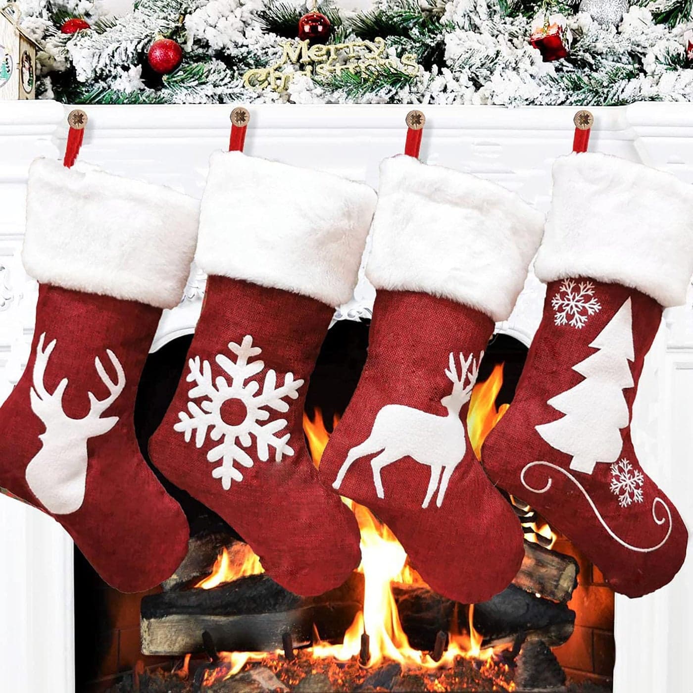 Meajore Christmas Stockings Set 4 Pcs Large Christmas Stocking Soft Classic Red White Fireplace Hanging for Family Holiday Xmas Party Decorations