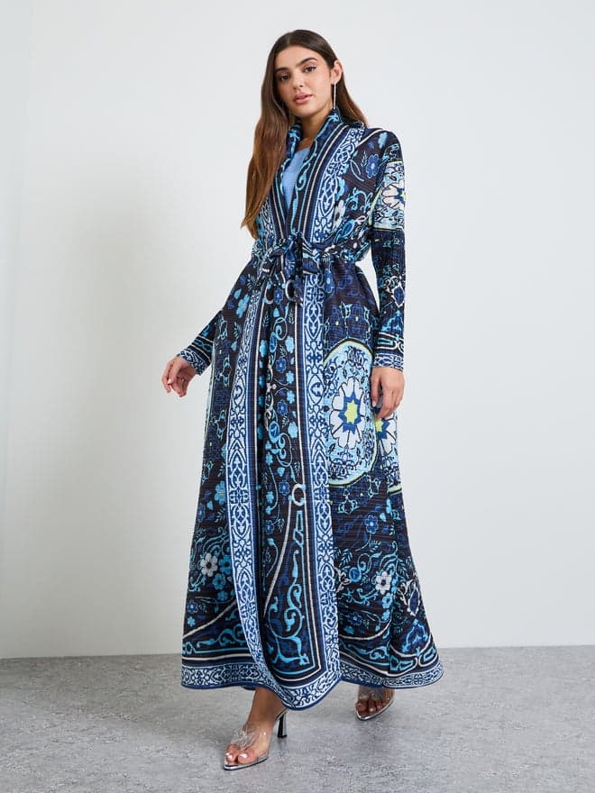 Styli Navy Blue All Over Print Plisse Abaya with Tie-Belt