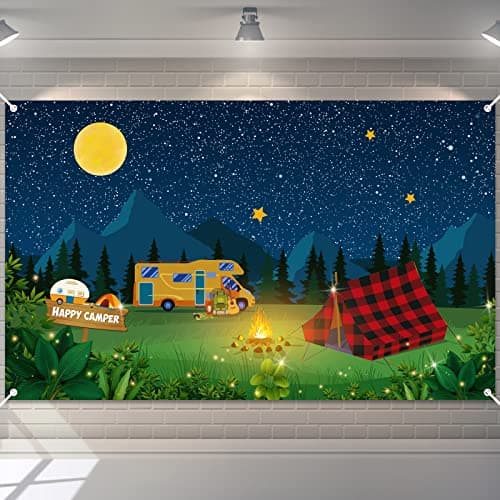 Remerry Camping Backdrop Fake Campfire Decoration Camper Birthday Party Banner Happy Camper Supplies Background for Camping Classroom Party Decorations Photo Background (70.8 x 43.3 Inch)