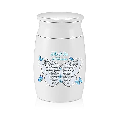 SOITIS Small Urns for Human Ashes Aluminium Mini Keepsake Urn Butterflies Small Cremation Urns for Ashes Memorial Ashes Keepsake-White