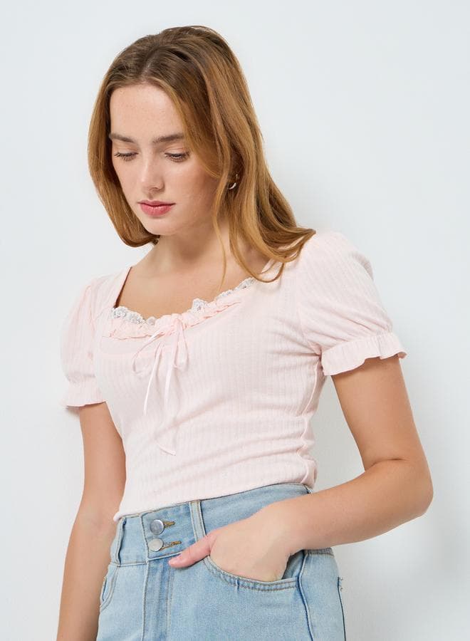 Women Solid Textured Square Neck Top — XL