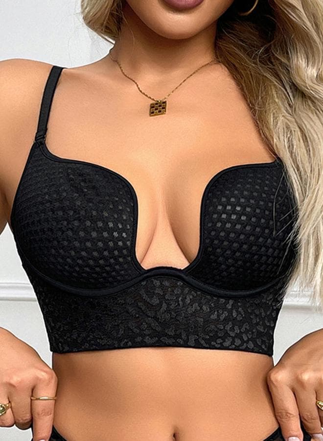 Black Texture Padded Wired Longline Push Up Bra