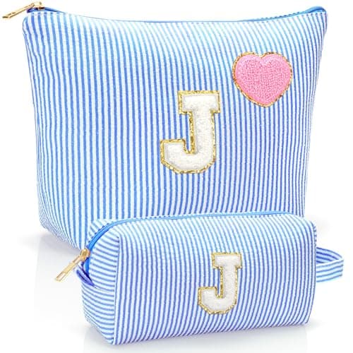 YILANCOL Initial Makeup Bag Personalized Preppy Cosmetic Bag Trendy Toiletry Travel Bag For Teen Girls Kids Women Letter Makeup Pouch Purse Holiday Gifts Birthday Gifts 2pack J Blue