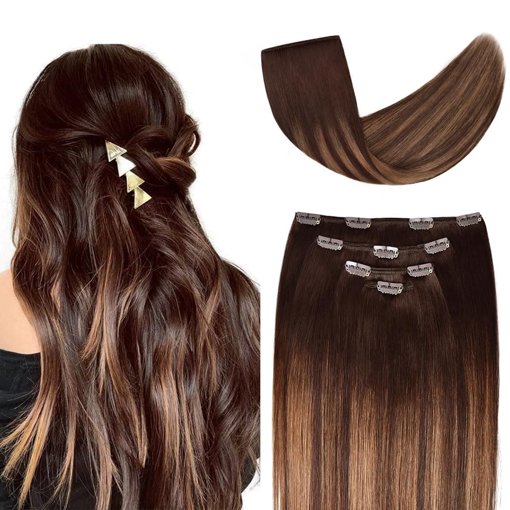 16 Clip in Hair Extensions Remy Human Hair Brown Balayage for Women Silky Straight 100 Real Human Hair 55grams 4pieces 2T6P2 Color