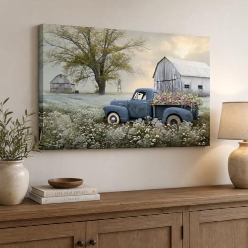 Farmhouse Old Truck Canvas Wall Art Old Barn Pictures Wall Art Country Antique Pickup Truck Canvas Prints Blue Truck With White Floral Flower Art Prints for Farmhouse Spring Decor 12Hx18W Inches