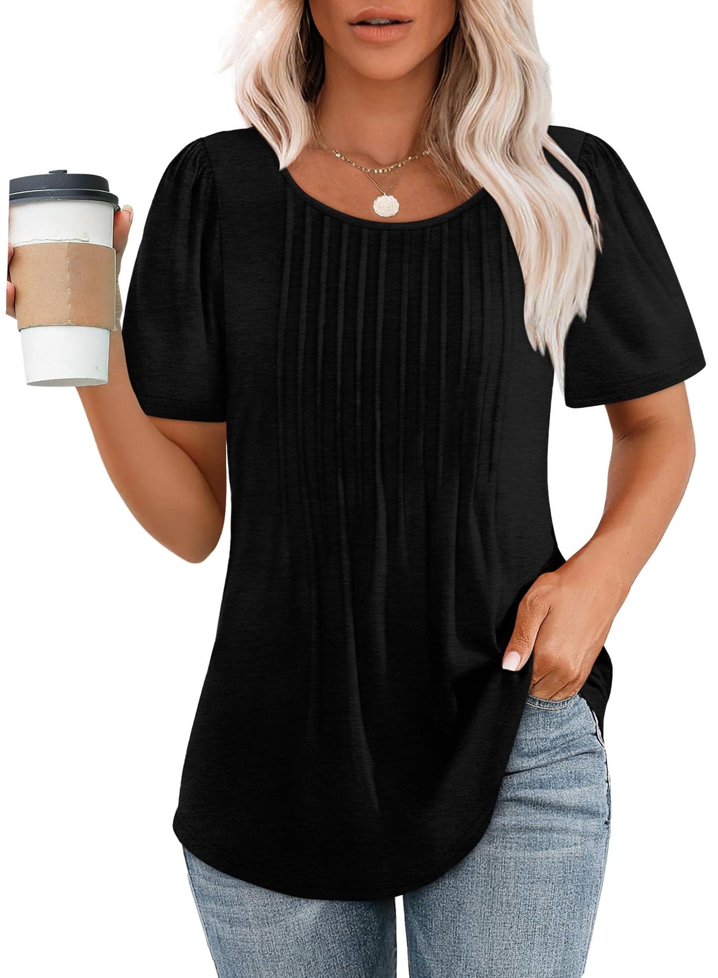 Business Casual Tops for Women Short Sleeve Plus Size T Shirts Scoop Neck Black Beach Vacation Clothes for Women XXL