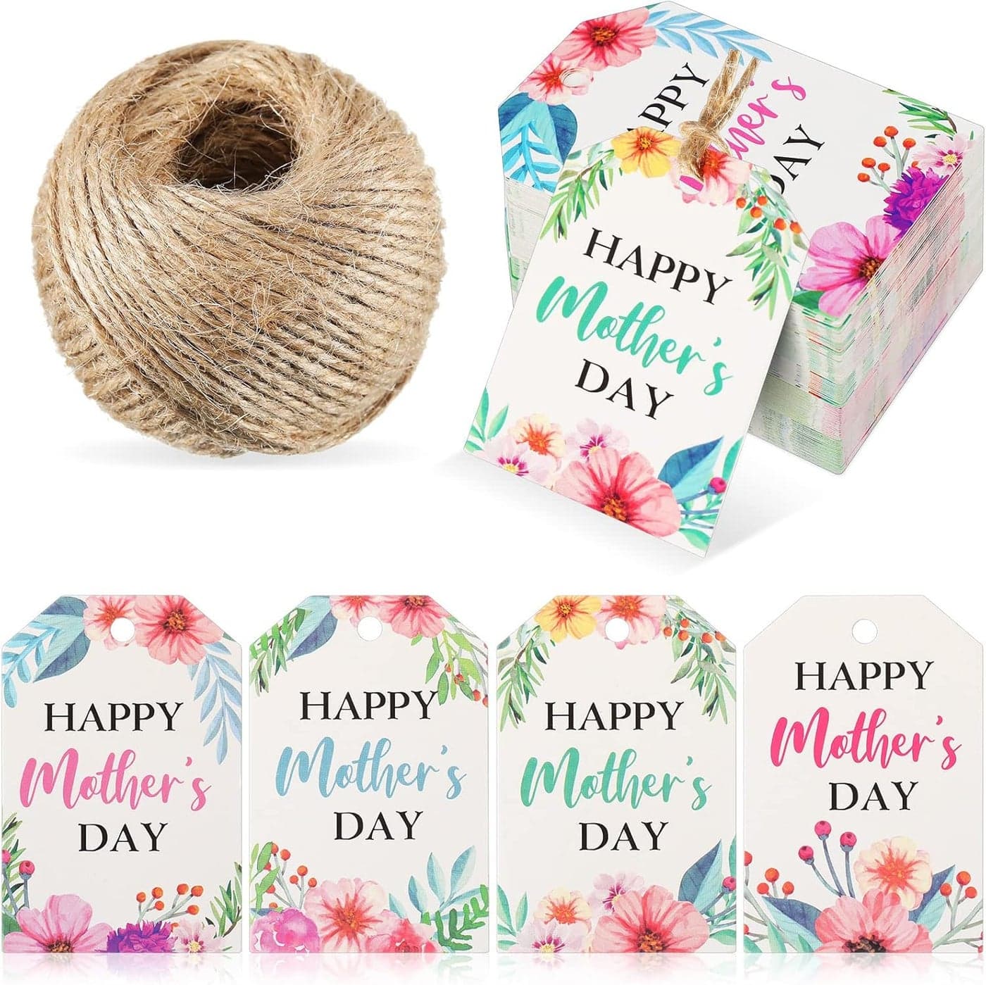 100 Pieces Happy Mothers Day Gift Tags Mothers Day Paper Gift Tags Mothers Day Hanging Labels with 100 Feet Natural Twine for DIY Crafts Mother Day Party Favors