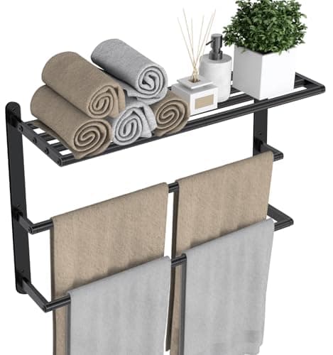 VOTZAAQ Towel Racks for Bathroom 24 in Black Towel Shelf with Double Towel Bar 3 Tier Stainless Steel Towel Storage Bath Towel Holder Wall Mounted for Lavatory Organizer Decor RV Camping