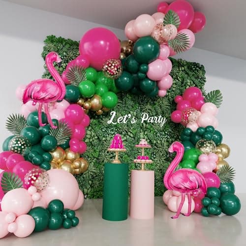 156Pcs Tropical Flamingo Balloon Arch Garland Kit, Hot Pink Dark Green Light Pink Gold Confetti Flamingo Foil Balloons with Palm Leaves for Hawaiian Luau Aloha Summer Beach Birthday Party Decorations