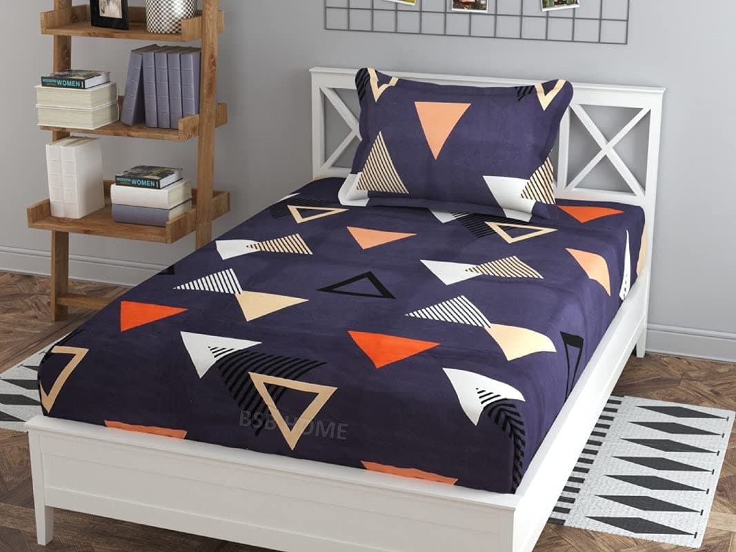 BSB Home 160 TC Supersoft Glace Cotton Breathable and Wrinkle Free Premium Single Bedsheet with 1 Pillow Covers (Dark Grey Orange and White) - 2 Pcs Set