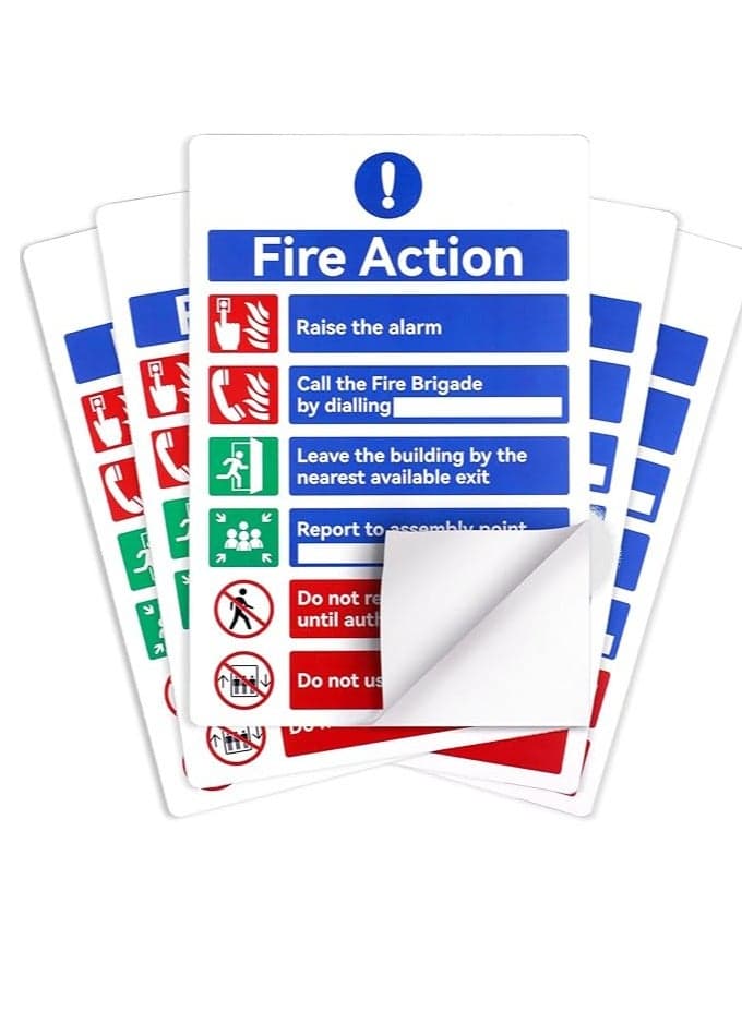 Fire Action Notice Sign, 5 Pcs Fire Safety Signs- Emergency Number, Evacuation Procedure, Report to Assembly Point and Fire Alarm Sign,20x 30cm Self Adhesive Fire Action Sign,5 Pack