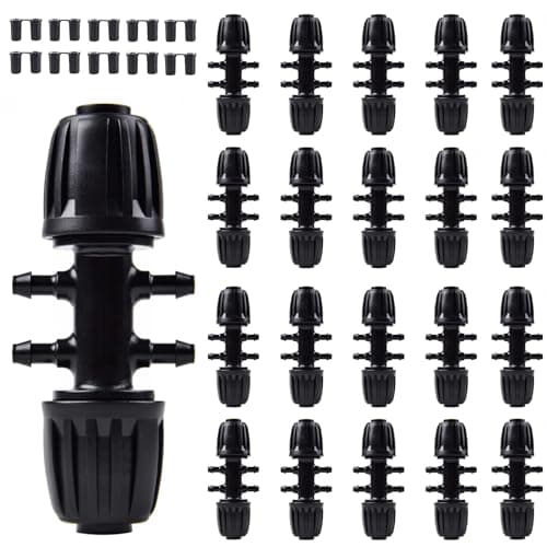 Kalolary 20PCS Barbed Tee 1/2" to 1/4" Drip Irrigation Fittings, Anti-Drop Barbed Hose Parts Connectors for 12mm/16mm to 4mm/7mm Drip Systems 6 Way Adapter(Black)