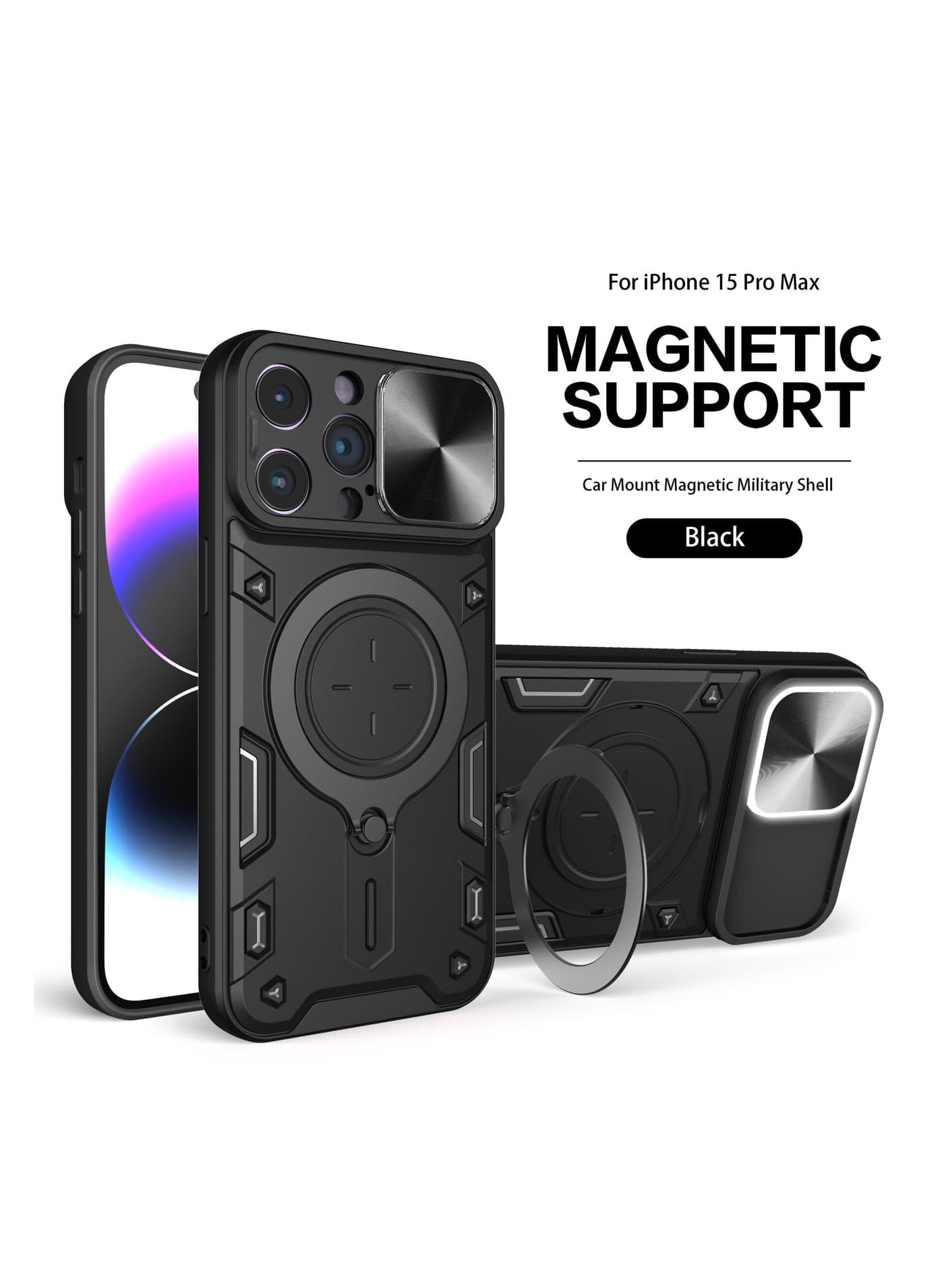Case Cover For Apple iPhone 15 Pro Max Black Mobile Phone, Slide Camera Lens Cover, 360°Rotating Kickstand Ring, Bumper Shockproof Phone Case,Compatible with Car Magnetic Mount