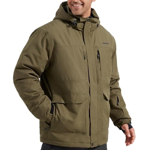 FREE SOLDIER Mens Waterproof Ski Jacket Fleece Lined Warm Winter Snow Coat with Hood Fully Taped SeamsArmy GreenS