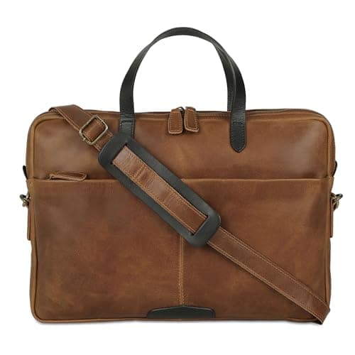 KomalC 15.5 Inch Leather Laptop Sleeve with Trolley Strap – Slim Genuine Leather Bag for 13", 14", 14.5" Laptops – Office Briefcase with Shoulder Strap & Organizer
