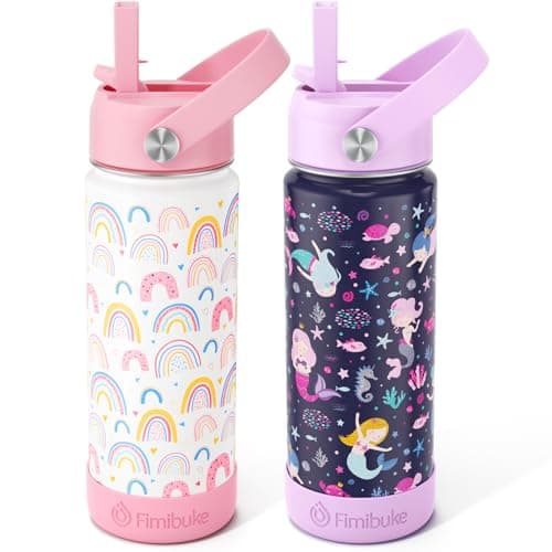 Fimibuke Kids Insulated Water Bottle, 18oz BPA FREE Kids Cup with Straw Double Wall Vacuum Tumbler 18/8 Stainless Steel Leak Proof Toddler Water Bottle for School Boys Girls (2 Pack, Rainbow/Mermaid)