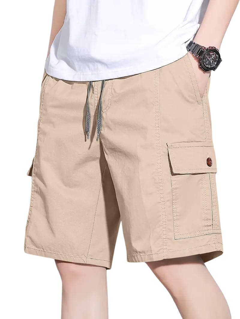 GRECIILOOKS Men’S Cotton Cargo Shorts, Lightweight Drawstring Elastic Waist Casual Summer Shorts with Pockets (GL-SH340-XL-CREAM)