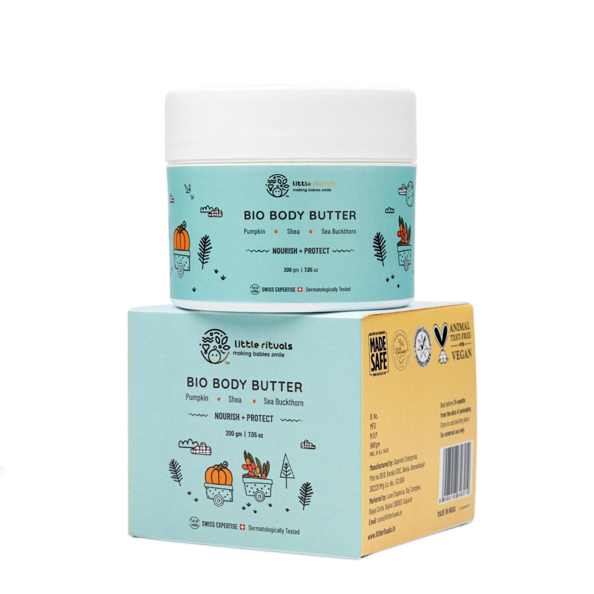Little Rituals Baby BIO BODY BUTTER NOURISH PROTECT Formulated with best plant botanical PUMPKIN SHEA BUTTER SEABUCKTHORN OIL Natural Organic Dermat tested SWISS Technology 200 gm
