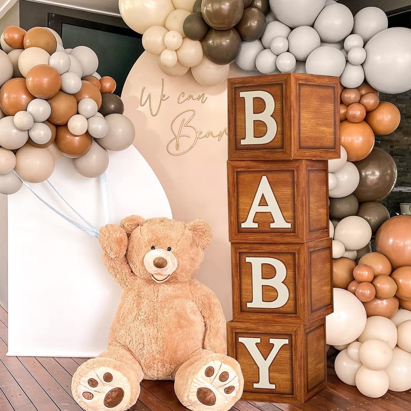 Baby Shower Decorations Baby Boxes with Letters 4pcs Wood Baby Shower Brown Blocks with Printed BABY Letter Gender Reveal Decorations Woodland Baby Shower Girl BoyTeddy Bear Theme Party