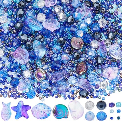 SUNNYCLUE 1 Box 3100Pcs Ocean Beads Kit Glass Sea Beads Starfish Seashell Fish Bead Summer Hawaii Ocean Animal Bead Purple Glass Beads Spacer Beads for Jewelry Making DIY Bracelet Earrings Necklace