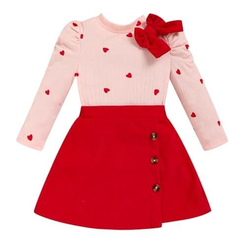 Toddler Girl Plaid Outfits Fall Winter Dress Knit Ribbed Bow Sweatshirt Tops and Button Fashion Skirts Set(red Heart,3T
