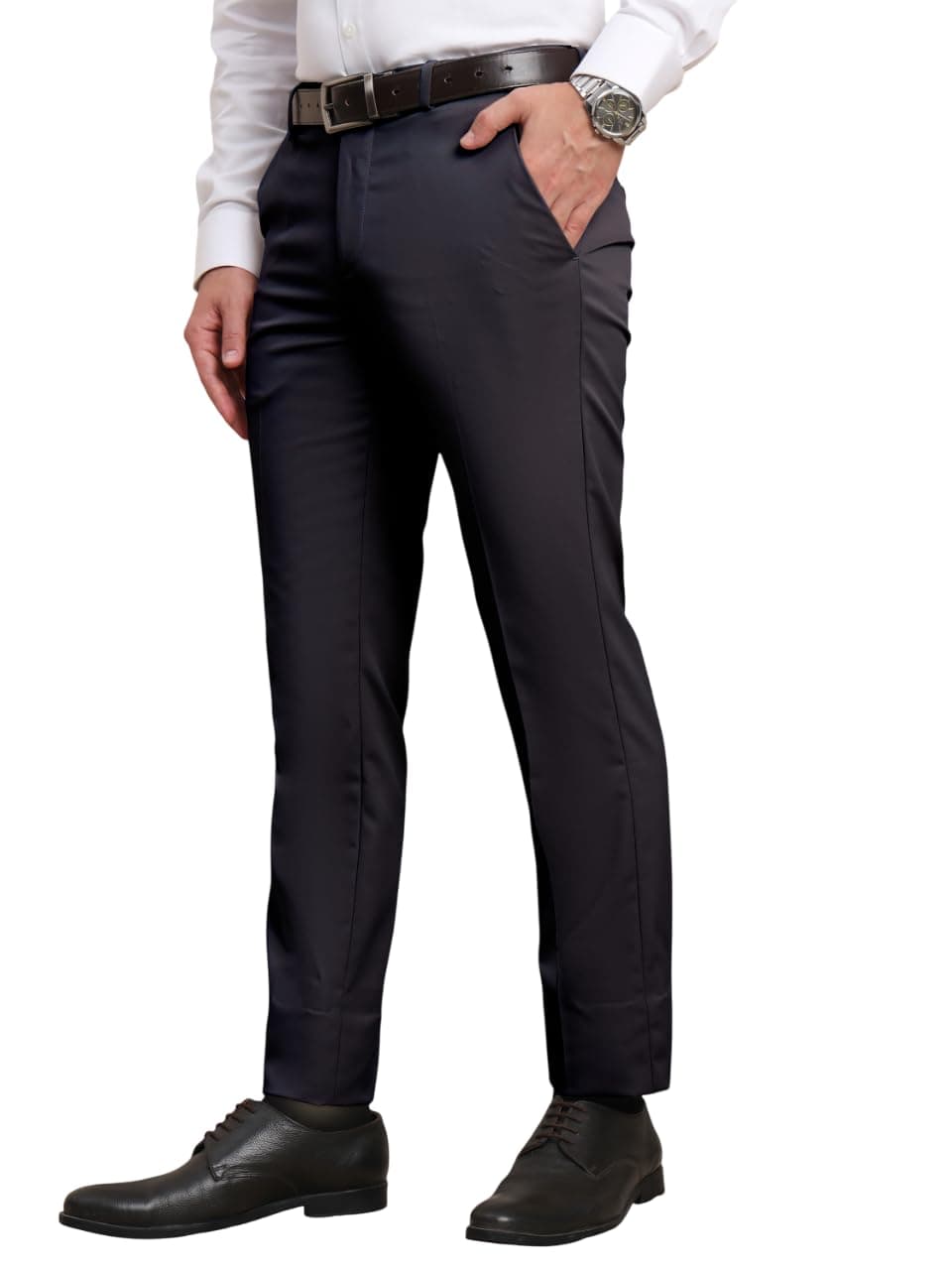 SaintX Men's Stretchable Formal Pants | Classic Flat Front Slant Pocket Trousers (Slim Fit) No Pleat Design | Office Or Party | Fasion Autoflex Waistband Trouser (SAINTR07_Imperial Navy_36), Mid Rise
