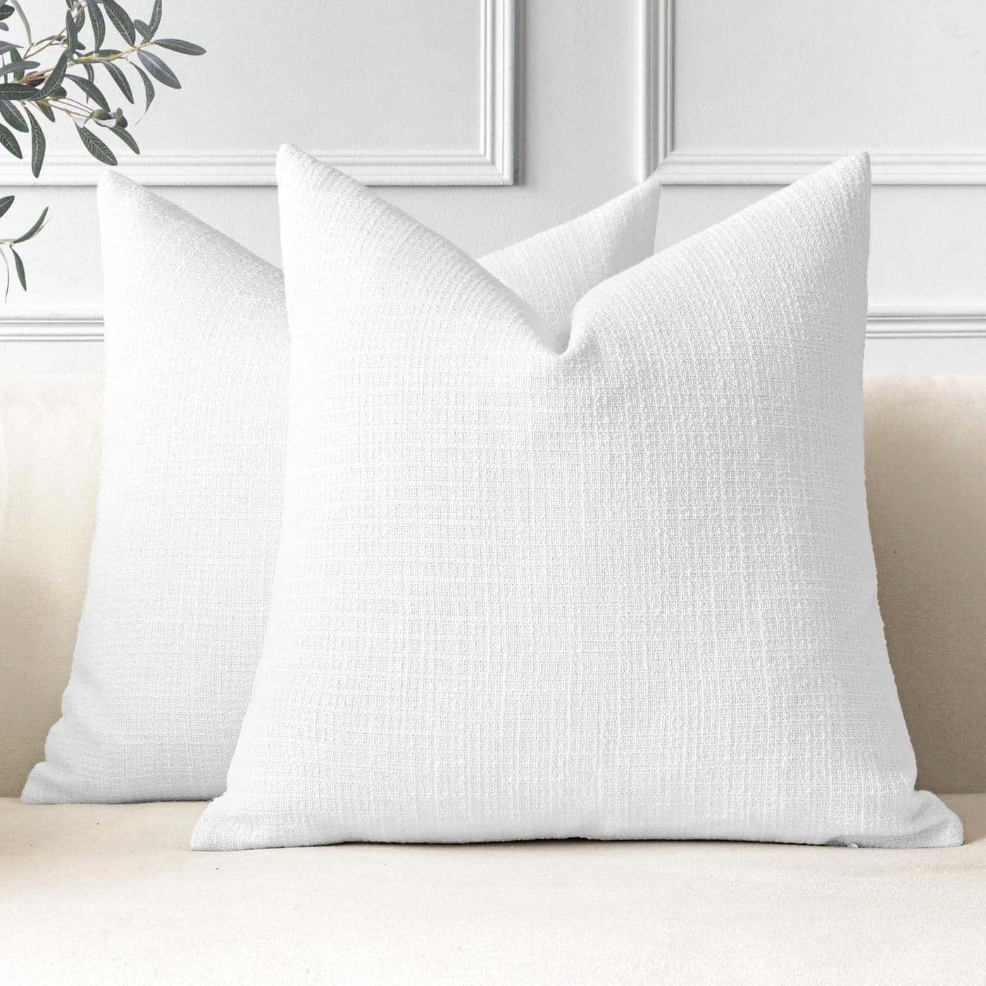 JOTOM Set of 2 Cushion Covers 50x50 cm Linen White Decorative Throw Pillow Covers 20x20 Inch Square Cushion Case Home Decor Pillowcases for Couch Sofa Living Room Bed White
