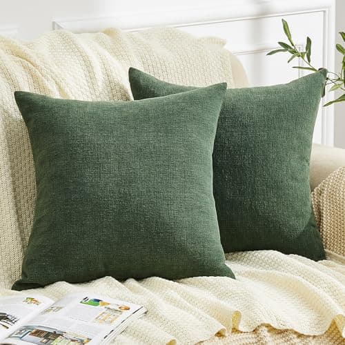 GAWAMAY Decorative Square Throw Pillow Covers 20x20 Inch Set of 2 Super Soft Chenille Pillows Farmhouse Pillowcase for Living Room Bedroom Sofa Couch Cushion Cover Dark Green 50x50cm No Insert